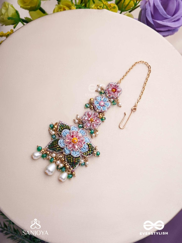 MADHUVRATA - SPRING BLOOM - DELICATE EMBROIDERED MAANGTIKA WITH FLORAL MOTIFS, BEADS AND PEARL DROPS