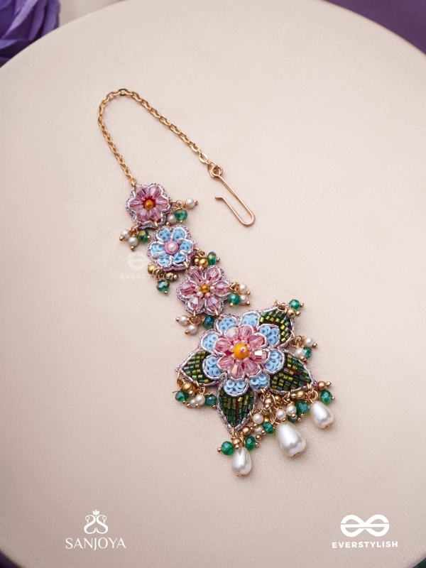 MADHUVRATA - SPRING BLOOM - DELICATE EMBROIDERED MAANGTIKA WITH FLORAL MOTIFS, BEADS AND PEARL DROPS