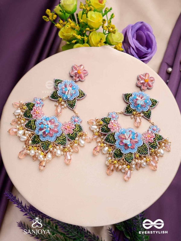 MADHUVRATA - SPRING BLOOM - DELICATE EMBROIDERED EARRINGS WITH FLORAL MOTIFS, BEADS AND PEARL DROPS