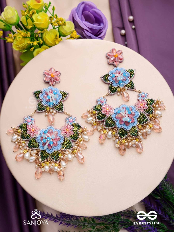 MADHUVRATA - SPRING BLOOM - DELICATE EMBROIDERED EARRINGS WITH FLORAL MOTIFS, BEADS AND PEARL DROPS