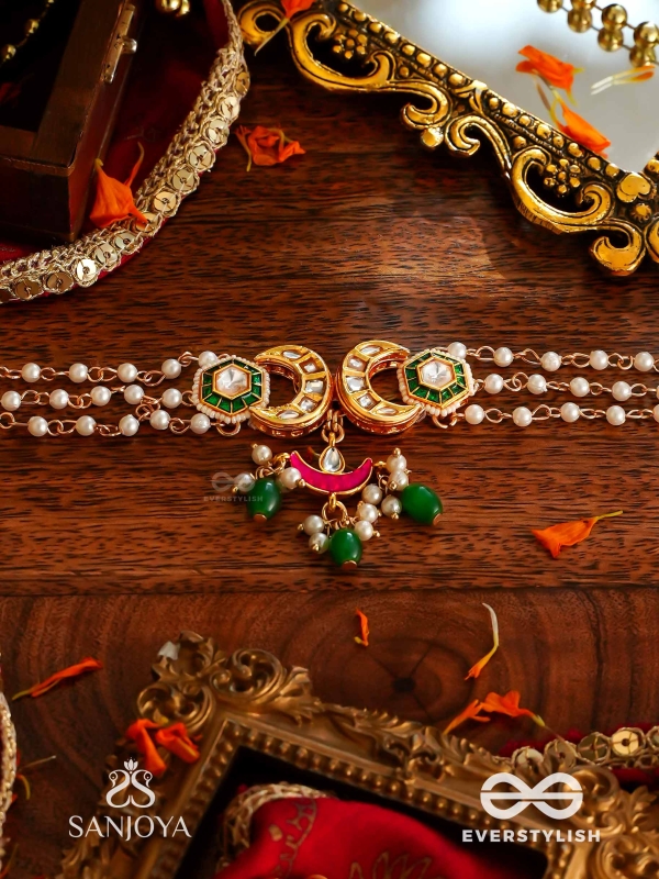 SHASHIRATNA- JEWEL OF THE MOON- KUNDAN NECKLACE INSPIRED BY THE MOON’S RADIANCE WITH PEARLS AND  GREEN DROPS