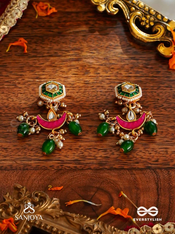 SHASHIRATNA- JEWEL OF THE MOON- KUNDAN EARRINGS INSPIRED BY THE MOON’S RADIANCE WITH PEARLS AND  GREEN DROPS
