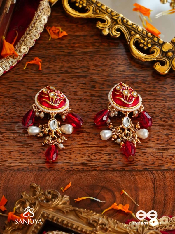 ARUNAMUKHI- FACE OF THE RED SUN- GLORIOUS KUNDAN EARRINGS WITH RED ENAMEL DETAILS AND PEARL EMBELLISHMENTS 