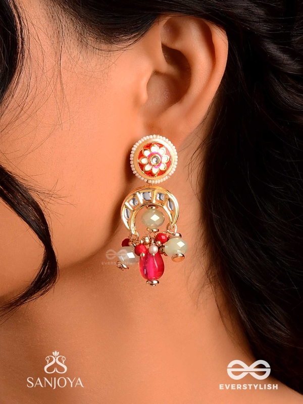 SHONAPRABHA- RADIANCE OF GOLD AND RED- HANDCRAFTED KUNDAN EARRINGS  WITH GOLDEN MOONS AND RED BEADS