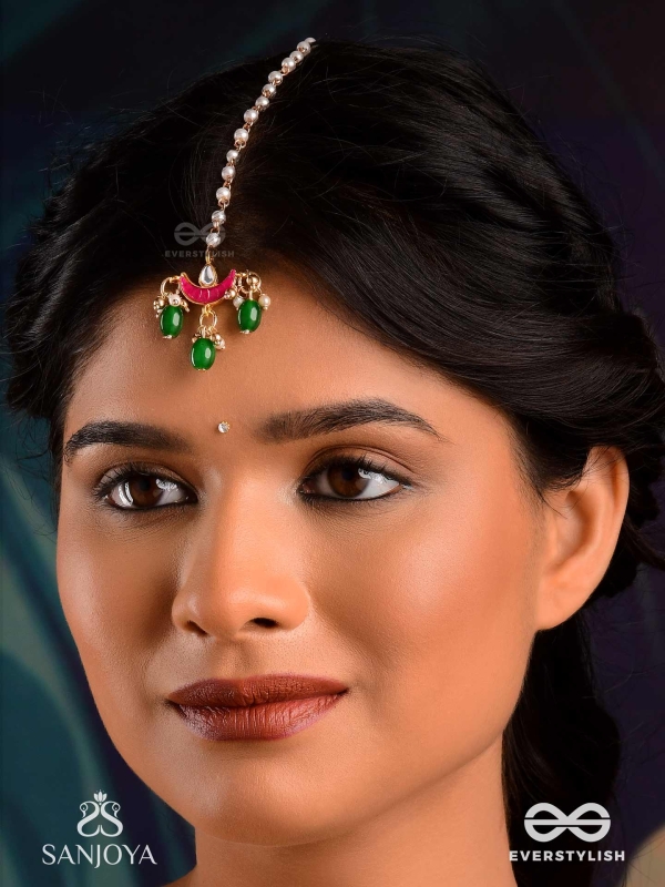 SHASHIRATNA- JEWEL OF THE MOON- KUNDAN MAANGTIKA INSPIRED BY THE MOON’S RADIANCE WITH PEARLS AND  GREEN DROPS