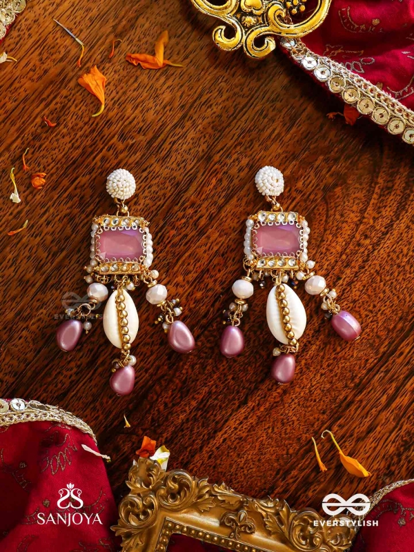 MANOHARA - CHARMING BEAUTY- ROYAL KUNDAN EARRINGS WITH PEARL STRINGS, SHELLS AND PINK GEM EMBELLISHMENTS