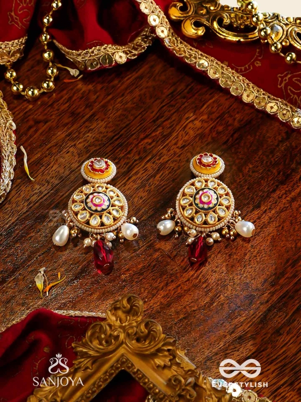 DIVYANJALI - DIVINE OFFERING-  KUNDAN, PEARLS, AND RED STONES HANDMADE EARRINGS