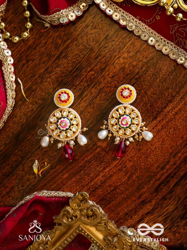 DIVYANJALI - DIVINE OFFERING-  KUNDAN, PEARLS, AND RED STONES HANDMADE EARRINGS