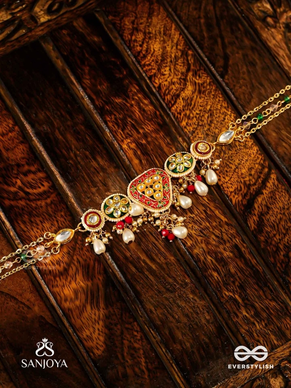 SUNDARIKA - BEAUTIFUL ONE - INTRICATE KUNDAN NECKLACE WITH ENAMEL WORK AND PEARL DROPS