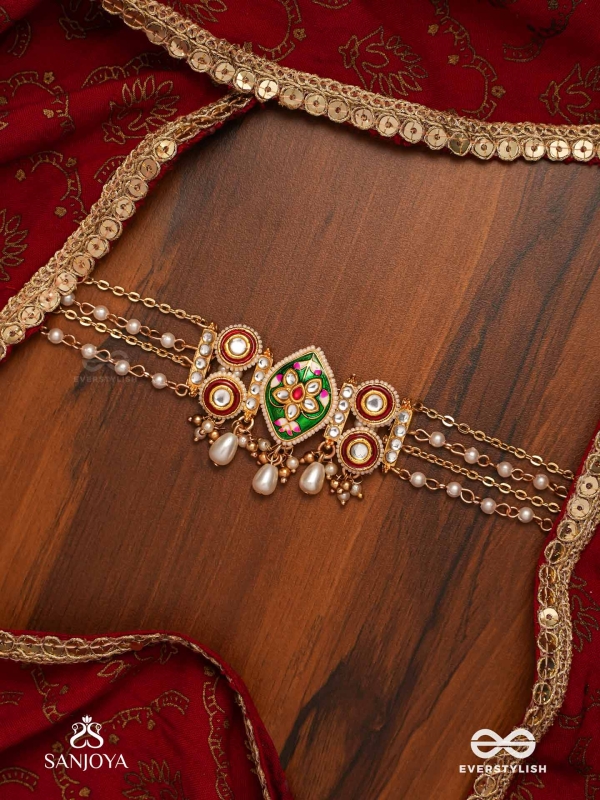 HARINAKSHI - DOE-EYED BEAUTY - GRACEFUL HANDCRAFTED KUNDAN CHOKER WITH POLKI ACCENTS AND PEARL DETAILS