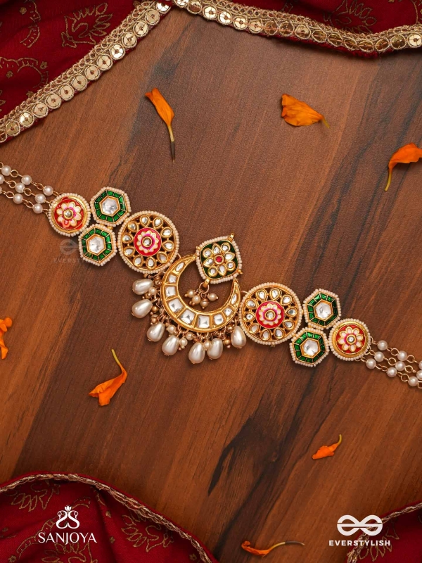 VIBHAVATI - ADORNED WITH RICHNESS - EXQUISITE KUNDAN CHOKER WITH ENAMELLED POLKI DESIGN, PEARLS AND GEMSTONES