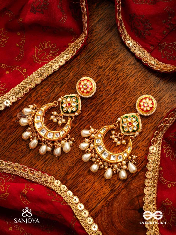 VIBHAVATI - ADORNED WITH RICHNESS - EXQUISITE KUNDAN EARRINGS WITH ENAMELLED POLKI DESIGN, PEARLS AND GEMSTONES