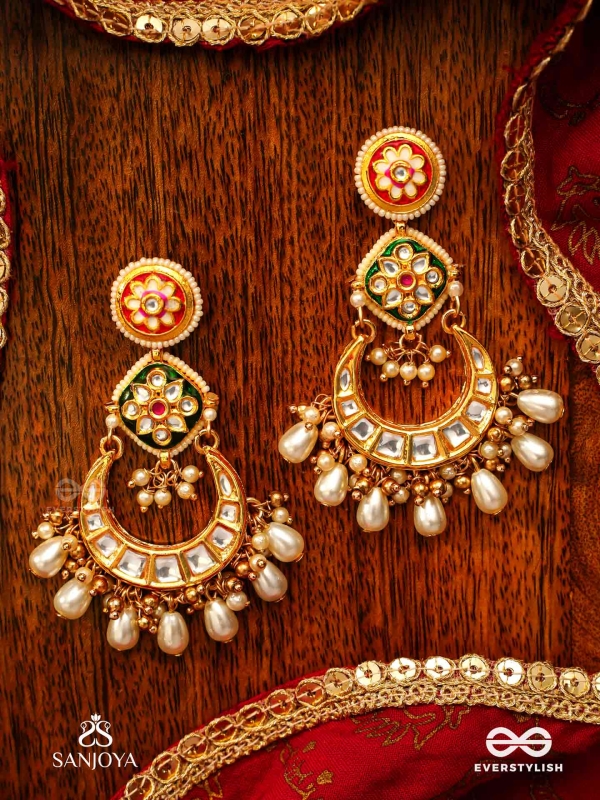 VIBHAVATI - ADORNED WITH RICHNESS - EXQUISITE KUNDAN EARRINGS WITH ENAMELLED POLKI DESIGN, PEARLS AND GEMSTONES