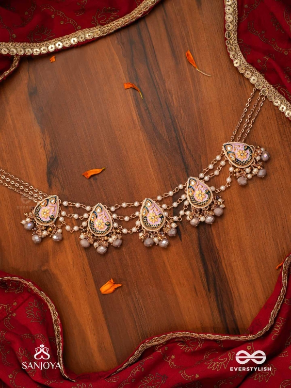 CHITRAMANI - JEWELLED ART - HANDCRAFTED KUNDAN NECKLACE WITH DETAILED ENAMEL WORK AND SOFT GEM DROPS