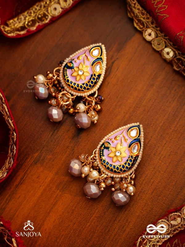 CHITRAMANI - JEWELLED ART - HANDCRAFTED KUNDAN EARRINGS WITH DETAILED ENAMEL WORK AND SOFT GEM DROPS