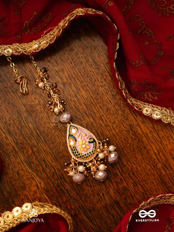 CHITRAMANI - JEWELLED ART - HANDCRAFTED KUNDAN MAANGTIKA WITH DETAILED ENAMEL WORK AND SOFT GEM DROPS