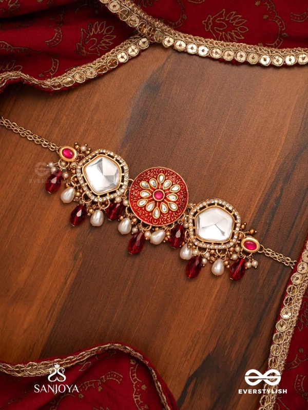 AGNITA - FIERY BEAUTY - INTRICATE KUNDAN RED POLKI CHOKER WITH DAZZLING MIRROR ACCENTS, PEARLS AND GEM FRINGES