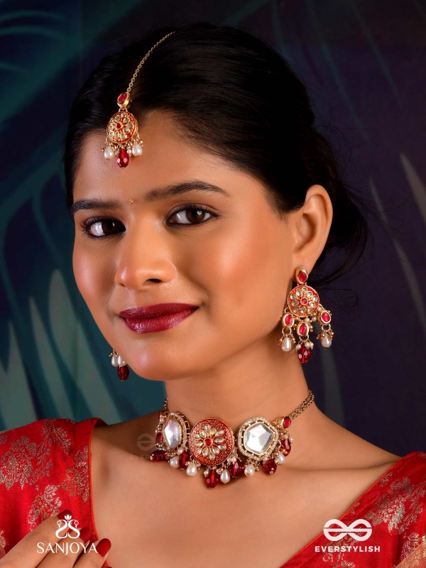 AGNITA - FIERY BEAUTY - INTRICATE KUNDAN RED POLKI MAANGTIKA WITH PEARLS AND GEM FRINGES