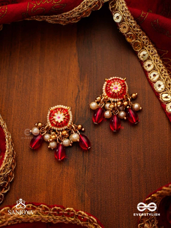 TRADITIONAL RED ENAMELLED POLKI EARRINGS WITH LUSTROUS BEADS AND PEARLS