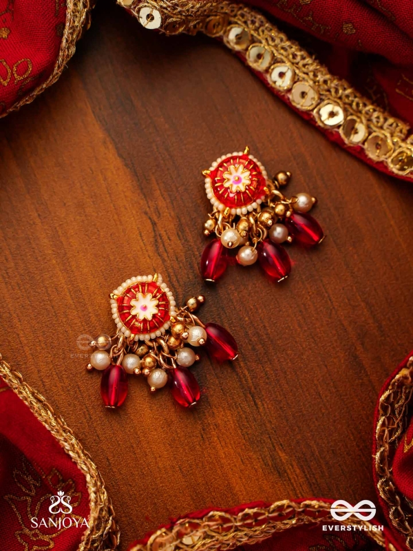 TRADITIONAL RED ENAMELLED POLKI EARRINGS WITH LUSTROUS BEADS AND PEARLS
