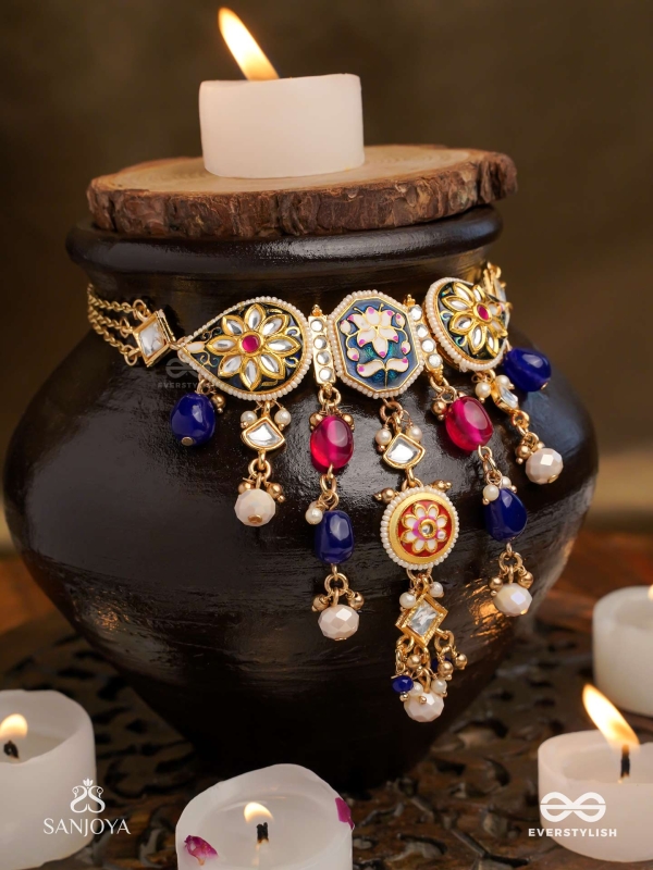 SANDHYARAGA - EVENING HUES - EXQUISITE KUNDAN NECKLACE WITH ENAMELLING AND GEM DROPS