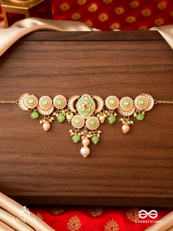 HARITRINA - VERDANT BEAUTY - KUNDAN DAINTY GOLDEN NECKLACE WITH HANDCRAFTED FLORAL ENAMEL WORK