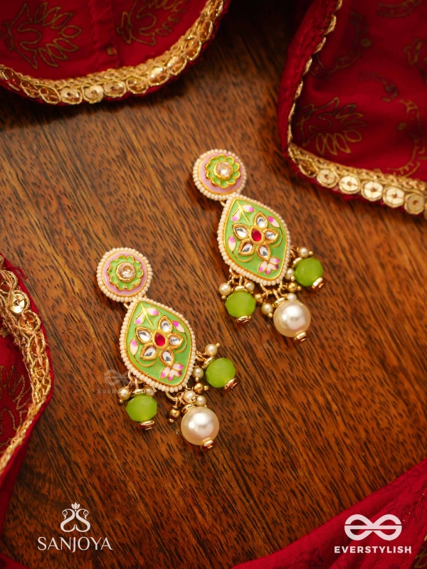 HARITRINA - VERDANT BEAUTY - KUNDAN DAINTY GOLDEN EARRINGS WITH HANDCRAFTED FLORAL ENAMEL WORK