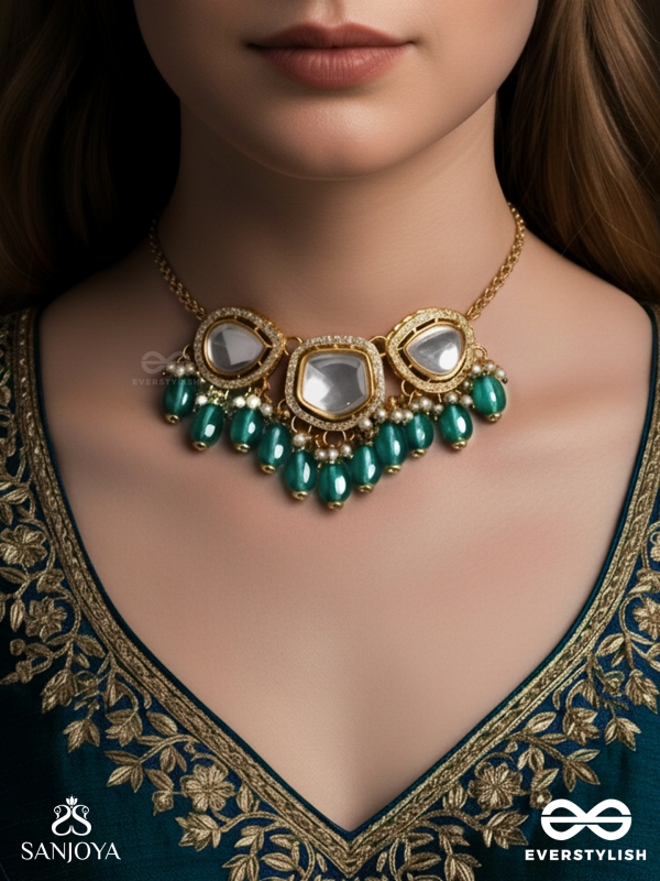 INDRANEELA - BLUE SAPPHIRE GLOW - ROYAL KUNDAN POLKI NECKLACE WITH SPARKLING TEAL GEMSTONES