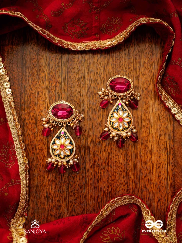 SINDURINI - VERMILION GRACE - STATEMENT KUNDAN POLKI EARRINGS WITH RED GEMSTONES AND ENAMEL ACCENTS