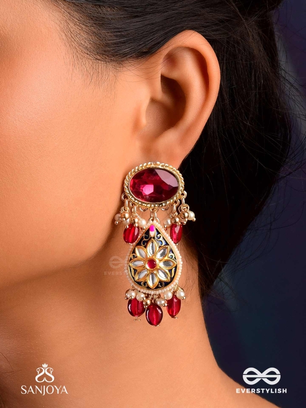 SINDURINI - VERMILION GRACE - STATEMENT KUNDAN POLKI EARRINGS WITH RED GEMSTONES AND ENAMEL ACCENTS
