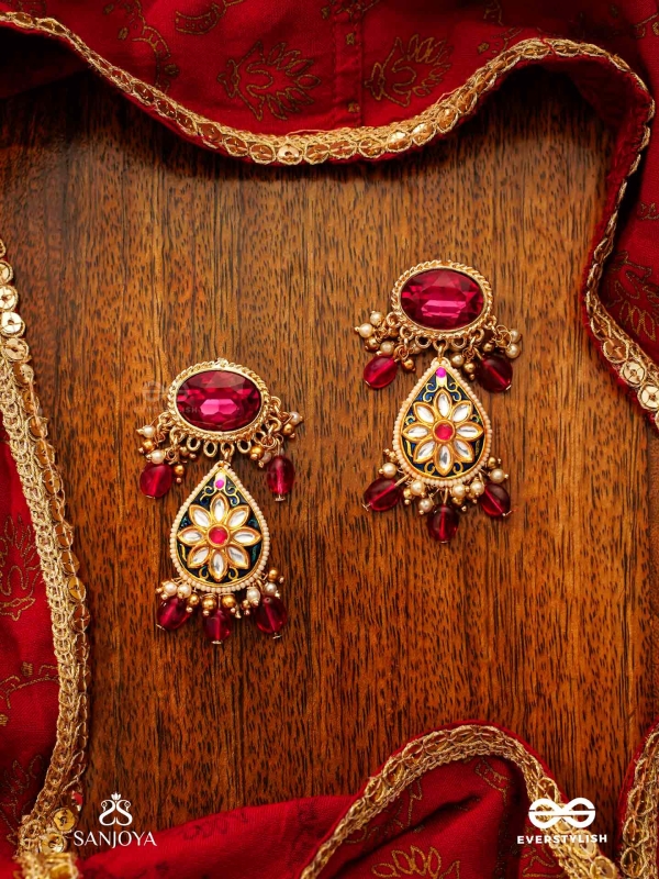 SINDURINI - VERMILION GRACE - STATEMENT KUNDAN POLKI EARRINGS WITH RED GEMSTONES AND ENAMEL ACCENTS