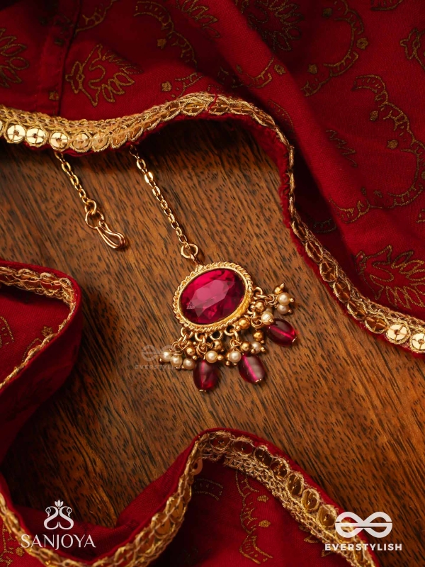 SINDURINI - VERMILION GRACE - STATEMENT KUNDAN POLKI MAANGTIKA WITH RED GEMSTONES AND ENAMEL ACCENTS