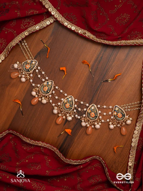 SANDHYAPRIYA - LOVER OF DUSK - EXQUISITE GOLDEN ENAMELLED KUNDAN NECKLACE WITH LUSTROUS ORANGE GEM DROPS
