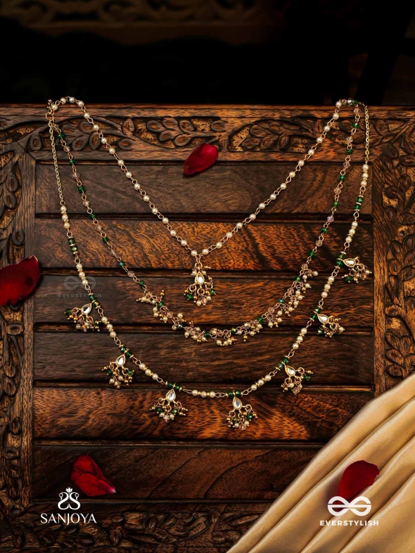 VARSHALEKHA - RAINFALL STROKES - ROYAL HERITAGE MULTI-STRAND KUNDAN NECKLACE WITH PEARL STRINGS AND POLKI DROPS