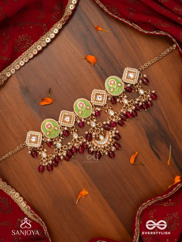 PUSHPALEKHA - STROKES OF FLOWERS - INTRICATE FLORAL ENAMELLED KUNDAN NECKLACE WITH RUBY BEADS