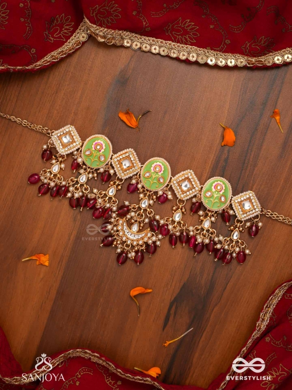 PUSHPALEKHA - STROKES OF FLOWERS - INTRICATE FLORAL ENAMELLED KUNDAN NECKLACE WITH RUBY BEADS