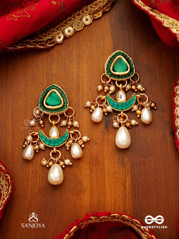RATNODYA - RISING GEM - DAZZLING KUNDAN EARRINGS WITH PEARLS AND ROYAL GREEN AND GOLD ACCENTS