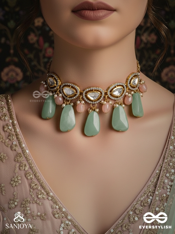 SHITALA - COOLING GRACE - CLASSIC GREEN KUNDAN POLKI CHOKER WITH GOLDEN DETAILS AND SOFT GEM ACCENTS