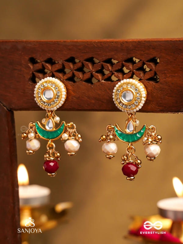 INDURAGA - MELODY OF THE MOON - ROYAL KUNDAN EARRINGS WITH CRESCENT MOTIFS AND RUBY DROPS