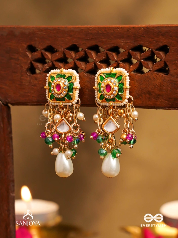 RANIRAGA - QUEEN’S MELODY- EXQUISITE KUNDAN EARRINGS WITH FLORAL ENAMEL WORK, BEADS AND PEARLS