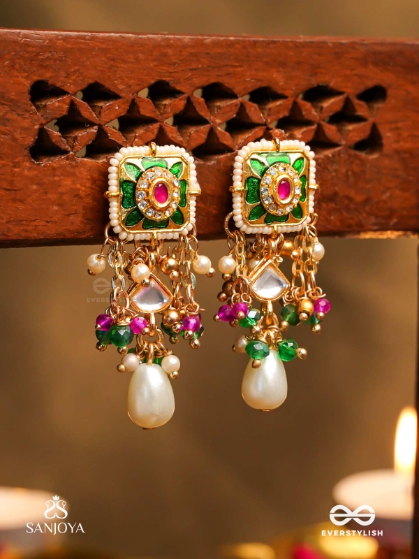 RANIRAGA - QUEEN’S MELODY- EXQUISITE KUNDAN EARRINGS WITH FLORAL ENAMEL WORK, BEADS AND PEARLS