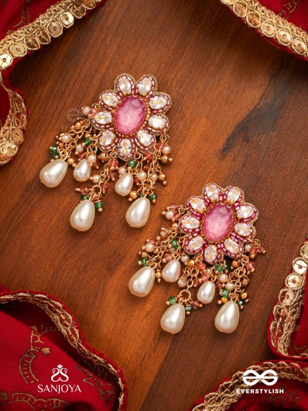 LALIMA - TINT OF PINK-  HAND EMBROIDERED EARRINGS WITH PEARL DROPLETS AND GEMSTONES