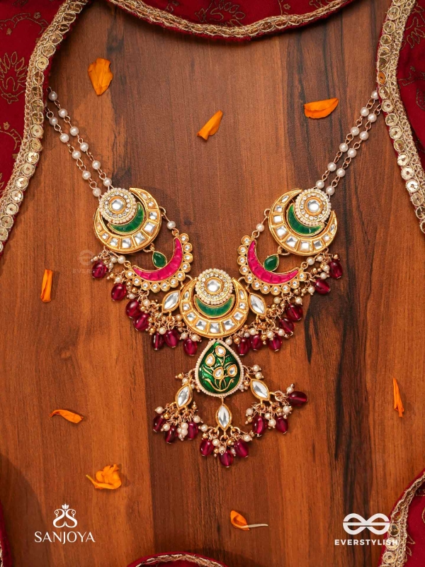SINDURYA - SCARLET RAYS- GRAND CRESCENT ENAMEL KUNDAN NECKLACE WITH PEARLS AND BEADS