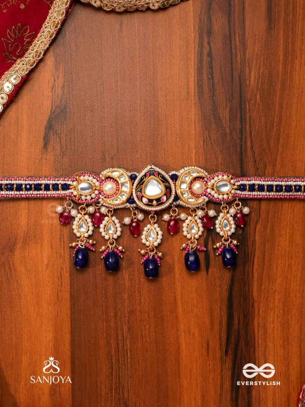 KUMUDRAAG - BLOOMING AT NIGHT-  INTRICATE ENAMELLED HANDCRAFTED KUNDAN CHOKER WITH PEARLS AND BEADS