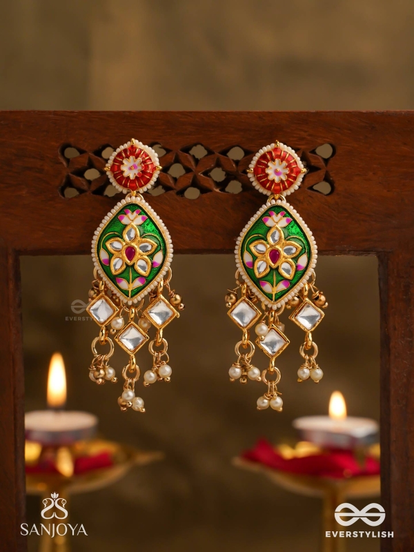 SHRINGARIKA - THE ADORNED ONE- ELEGANT PEARL EARRINGS WITH GREEN ENAMEL DROP, KUNDAN AND BEADS