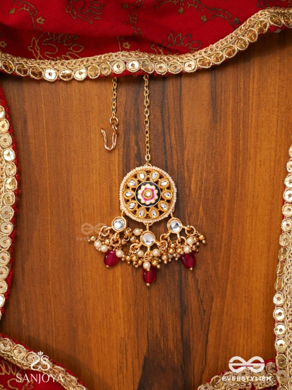 TRIBANDHURA - THREE-STRANDED BEAUTY-  KUNDAN MAANGTIKA WITH FLORAL ENAMELLED MEDALLIONS AND RUBY DROPS