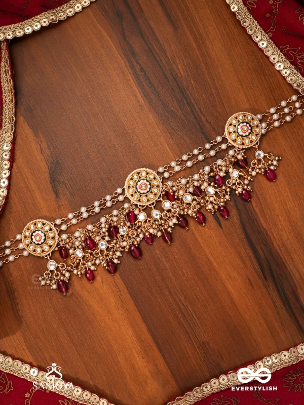 TRIBANDHURA - THREE-STRANDED BEAUTY- TRIPLE-CHAIN KUNDAN NECKPIECE WITH FLORAL ENAMELLED MEDALLIONS AND RUBY DROPS
