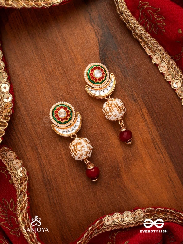 SHASHIRATNA - MOON GEM- MINIMALISTIC KUNDAN ENAMEL EARRINGS WITH FLORAL CENTER, PEARL SPHERES AND CELESTIAL DESIGN