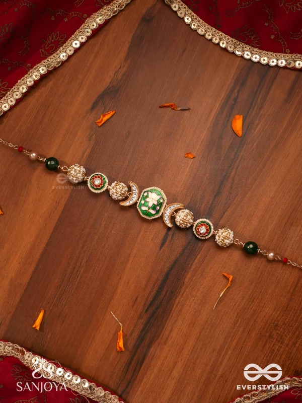 SHASHIRATNA - MOON GEM- MINIMALISTIC KUNDAN ENAMEL NECKLACE WITH FLORAL CENTER, PEARL SPHERES AND CELESTIAL DESIGN