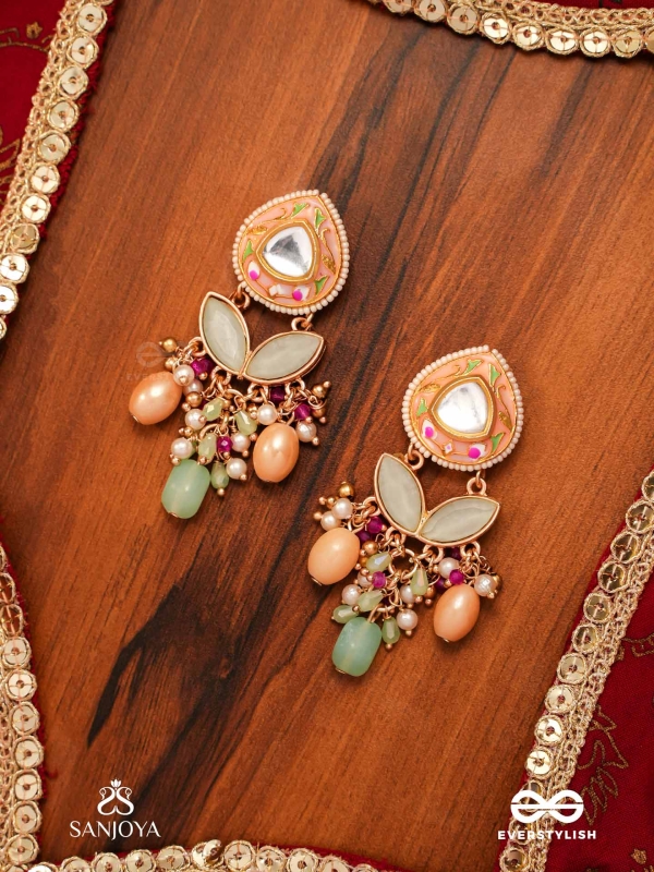 VASANTILATA - SPRING VINE- CHARMING PASTEL KUNDAN EARRINGS WITH GEMSTONES, BEADS AND PEARL DROPS